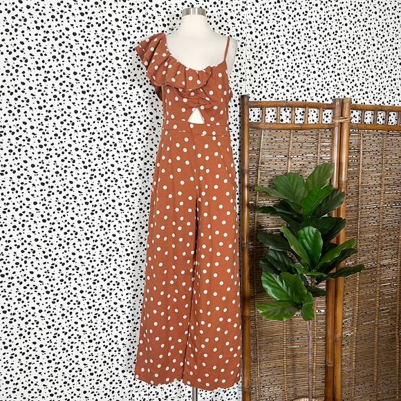 Anthropologie | Maeve Rust Orange Polka Dot White Ruffle Wide Leg Jumpsuit 8 EUC - Picture 2 of 13